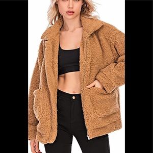 Women’s Faux Fur Shaggy Fleece Jacket Camel Color Size M